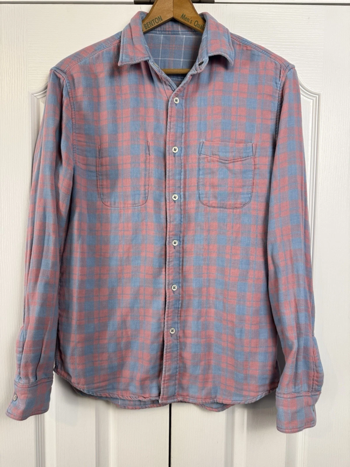 Faherty Shirt Mens M Plaid Reversible Flannel LS Button Preppy Hiking Blue Pink