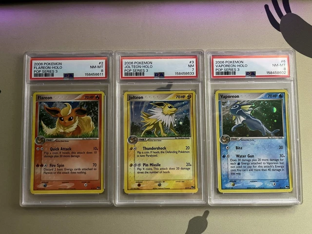Pokemon POP Series 3 Trio New Certs Flareon PSA 8, Jolteon PSA 7,  Vaporeon PSA8