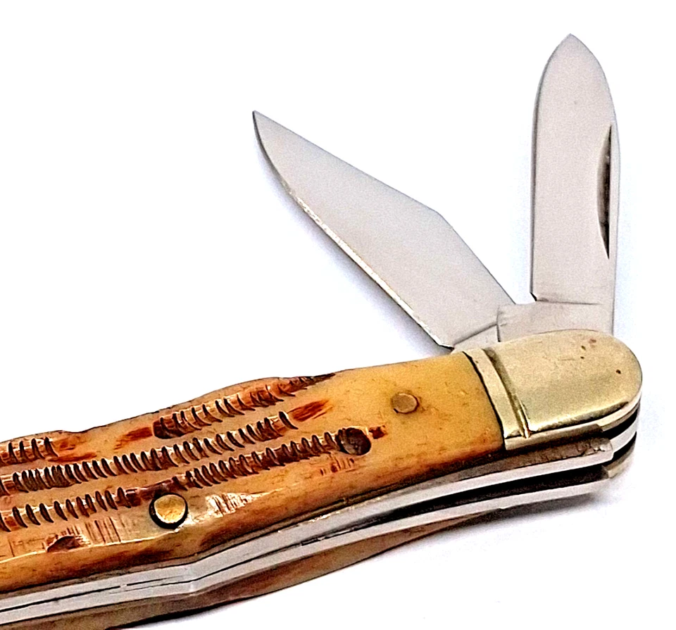 Cuchillo de Bolsillo Plegable Rough Rider 3 Hojas Usado De Colección Mango de Hueso Forro de Latón Foto 4 de 4