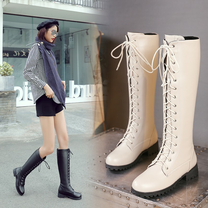 Women's Knee High Boots Lace up Block Low Heel Fashion Long