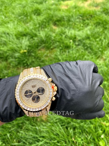 MENS ICED HIP HOP GOLD PT TRENDY BLACK HEAVY DIAL BLING WATCH, BLACK RUBY CHAIN - Picture 5 of 12