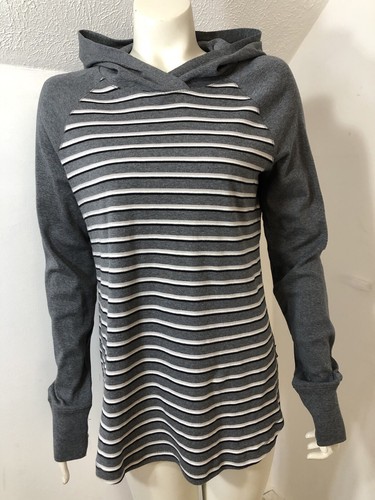 Eddie Bauer Womens Tall Large Hooded Pullover Grey White Striped Tunic Soft