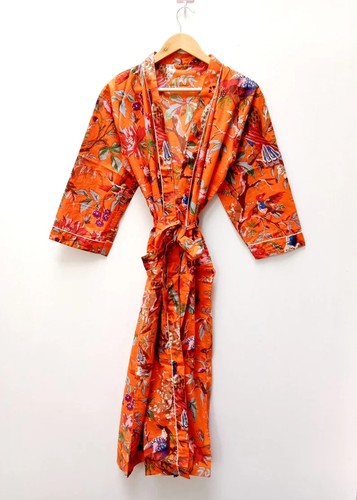 Indian Handmade Vintage Kimono Bird Print Cotton Bath Robes Maxi Night Gown - Picture 1 of 6
