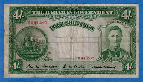 Bahamas 4 Shillings 1936  P-9b Circulated Banknote - King George VI A/4 061263 - Picture 1 of 3