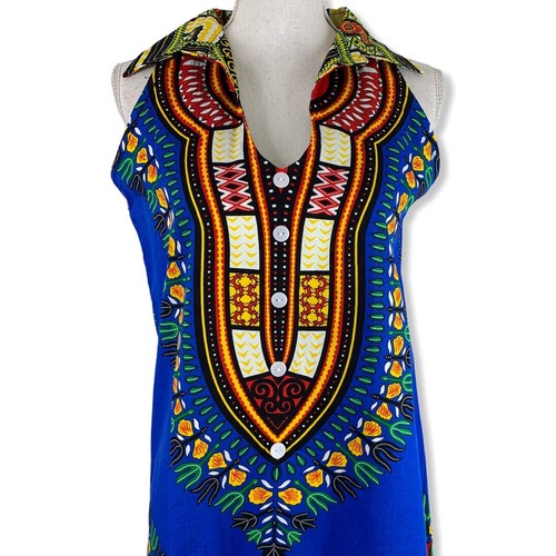 Small Dress Cotton Bold Multicolor Print Collared Tank Button Accents V Neck - Picture 2 of 6