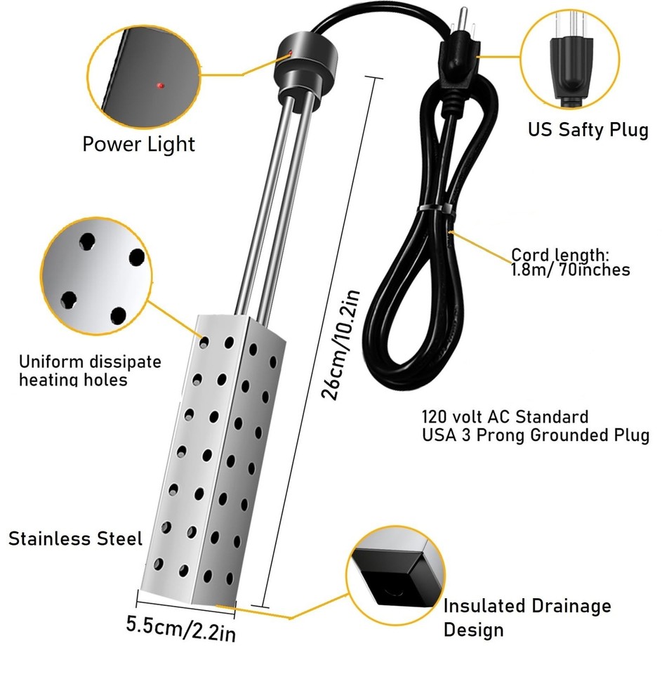 Immersion Water Heater for Bathtub, 5 Gallon Bucket Water Heater