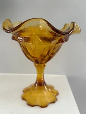 Fenton Glass Amber Hobnail Compote Pedestal Dish Ruffled Footed Signed 6" Tall