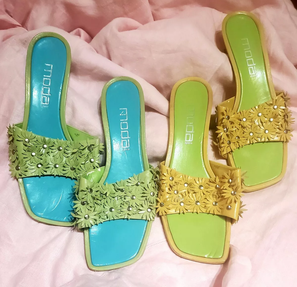 2 Women 8 8.5 MODA SPANA Sandal kitten Heel Slide Leather Square toe Lime Yellow