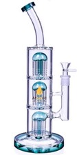 GROSOR 14" Triple Árbol Perc ALTO Bong PESADO Vidrio Tubo de Agua Cachimba Verde azulado *EE. UU.*