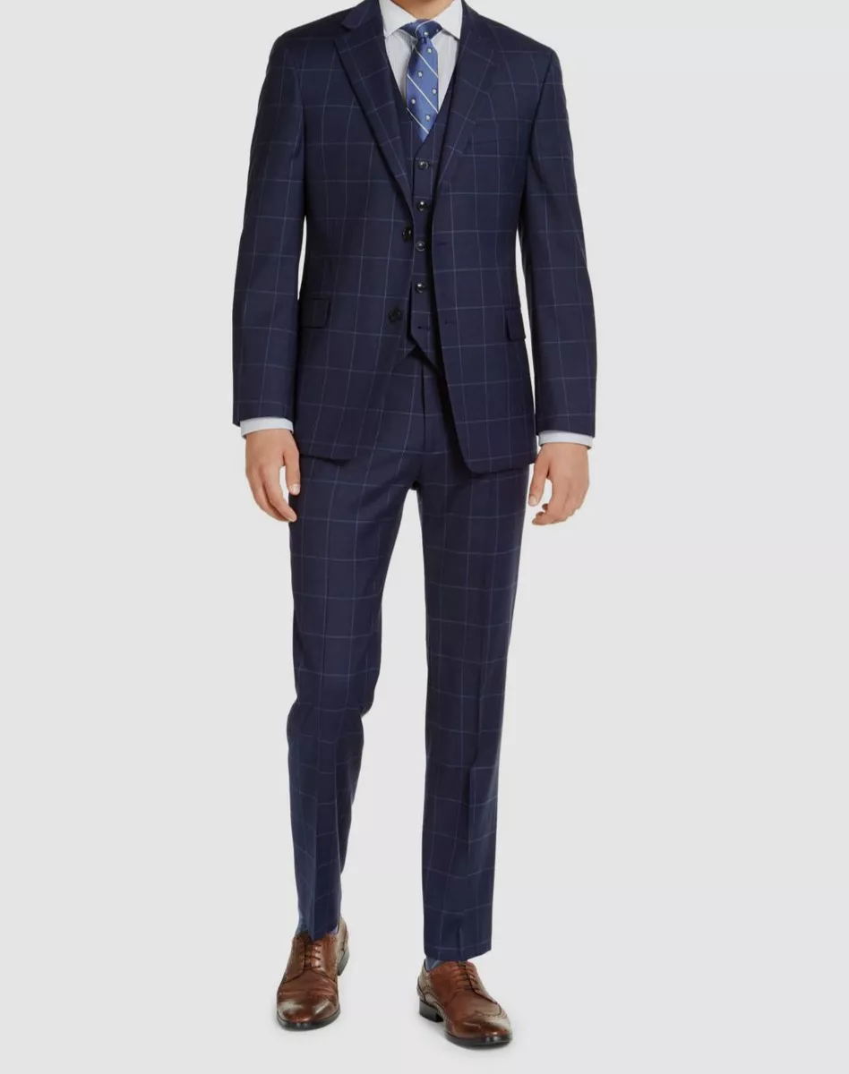 640 Tommy Hilfiger Men Blue Windowpane Modern Fit 2 Piece Suit