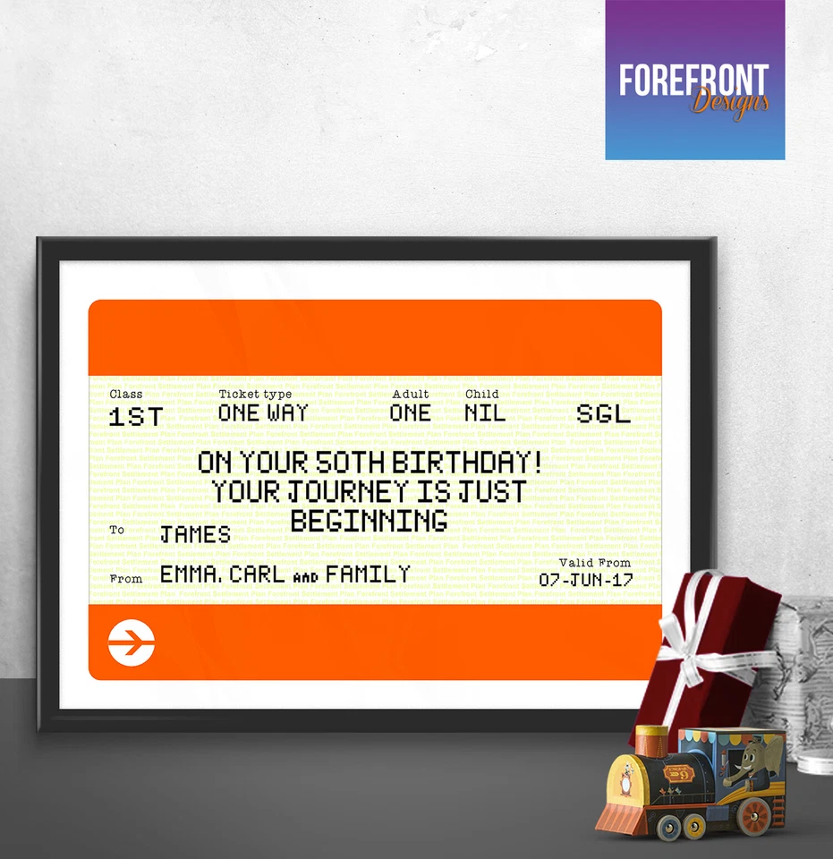 FOREFRONTDESIGNS Personalised BIRTHDAY TRAIN TICKET print perfect/wedding/engagement gift idea