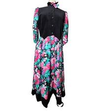 Vintage 80s Dress Corset Tea Length Velvet Floral Spring Size M/L