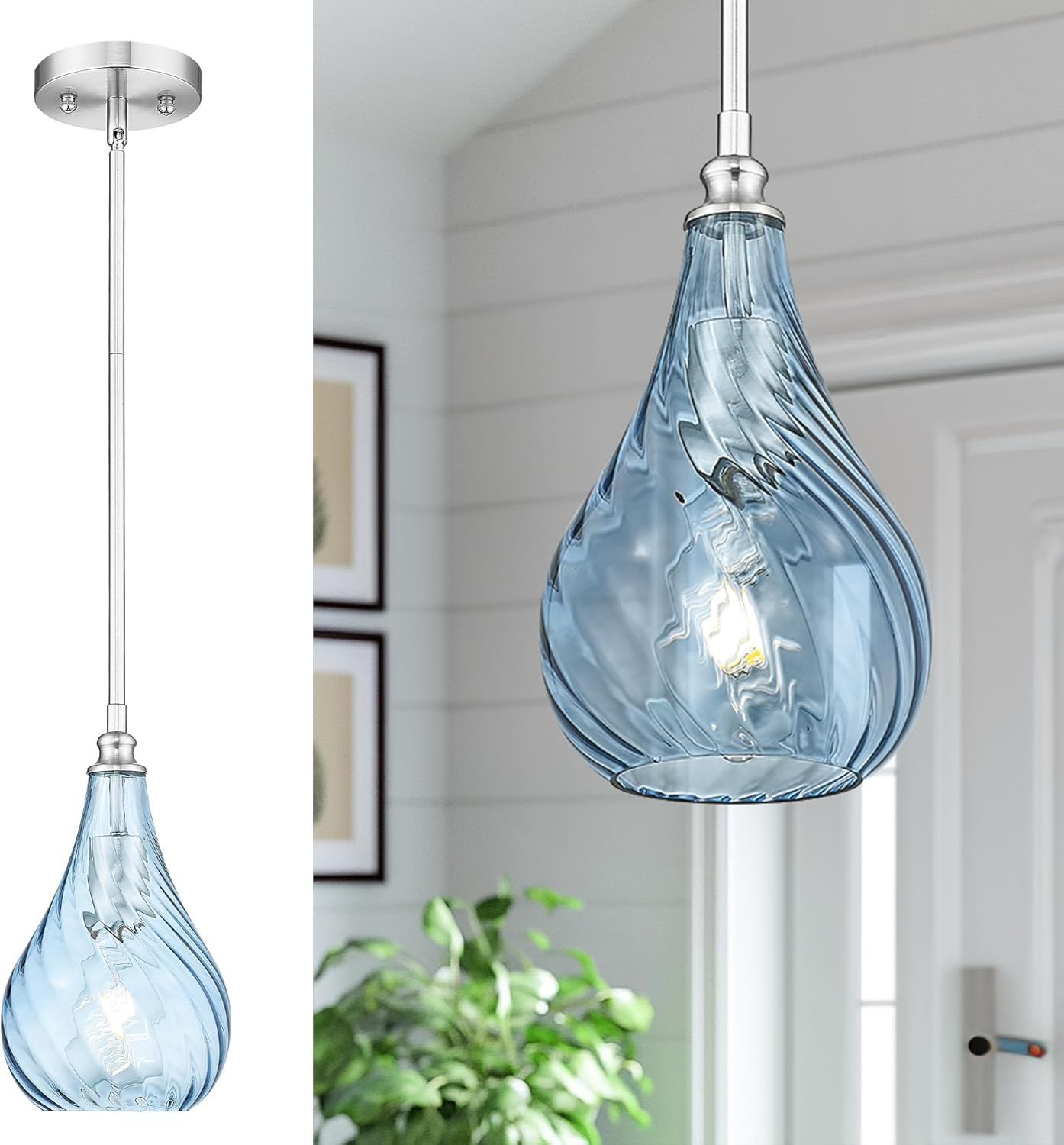 Blue Glass Mini Pendant Light For Kitchen Island & Dining Room