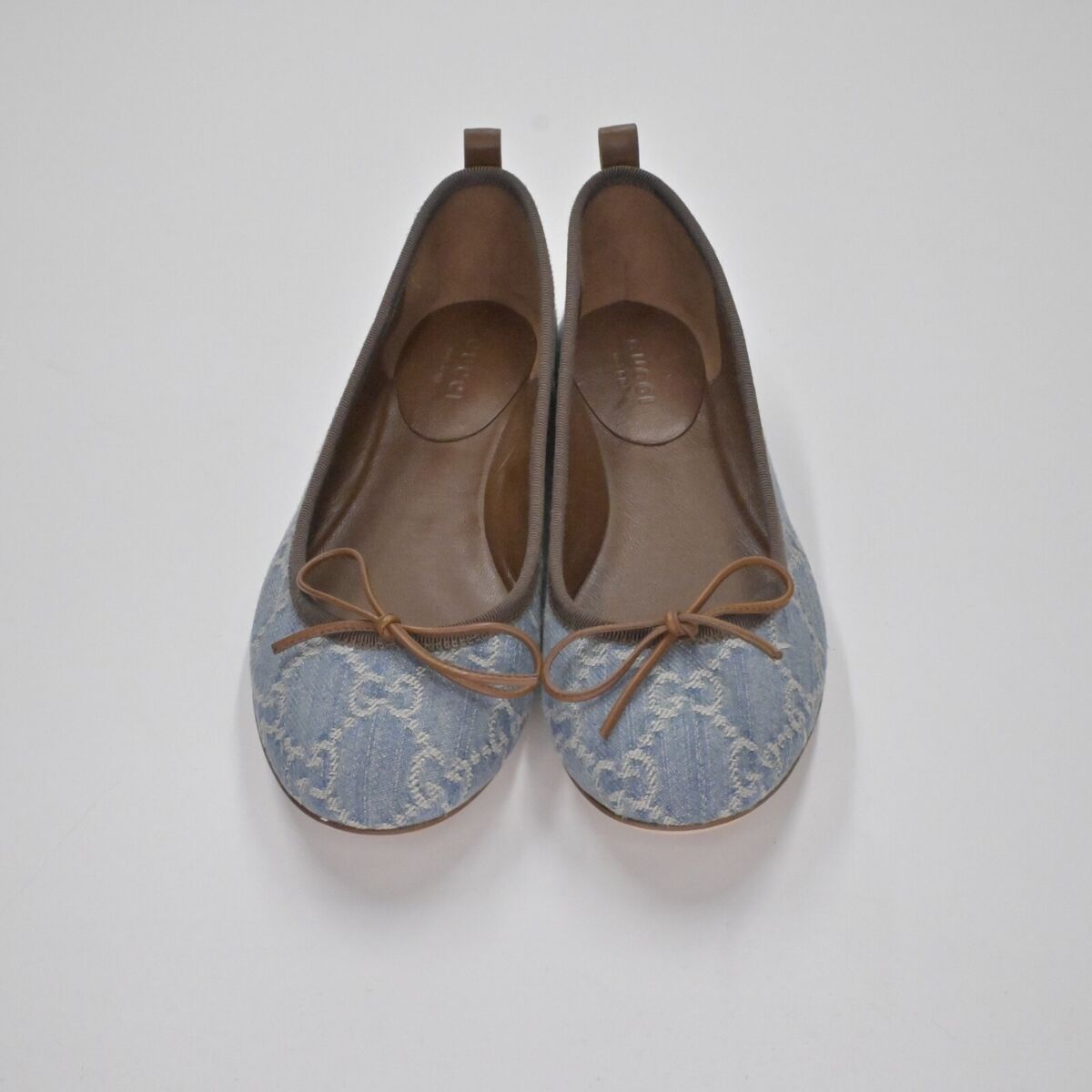 GUCCI Monogram Flats Womens Sz 36 Blue Denim Brown Leather GUCCI Monogram Flats Womens Sz 36 Blue Denim Brown Leather