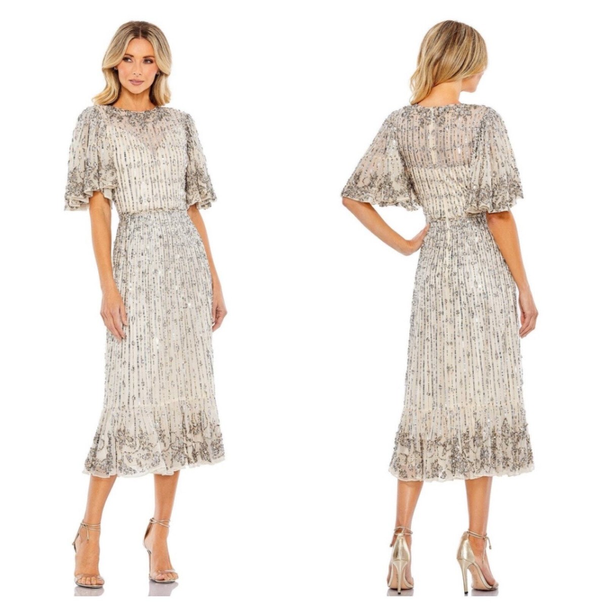 【Mac Duggal】Nude/Silver☆スパンコール ノット ミディドレス Mac Duggal Women's Nude Silver Sequined Flounce Sleeve Midi