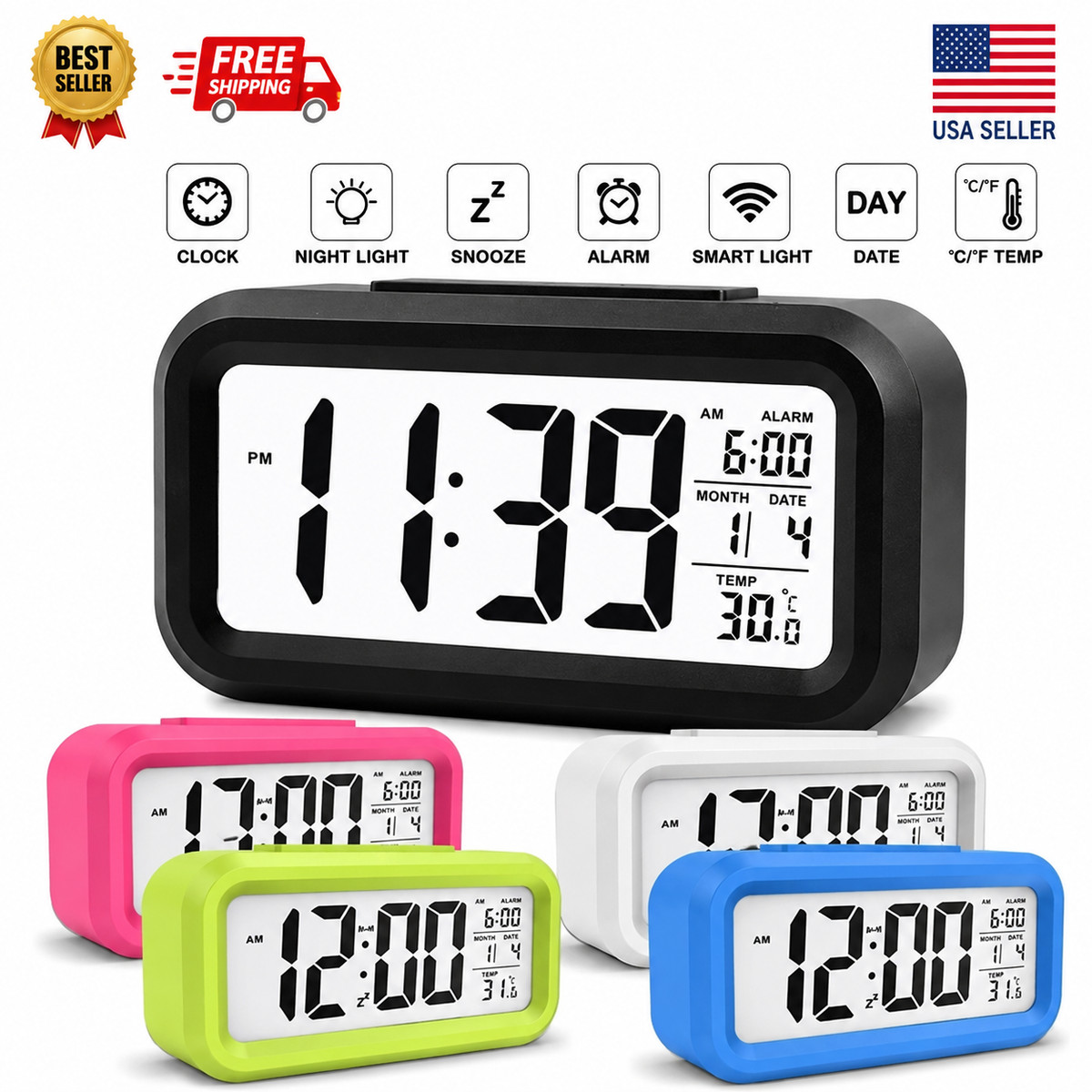 LED Digital Alarm Clock Snooze Backlight Calendar Time Display Table Desktop