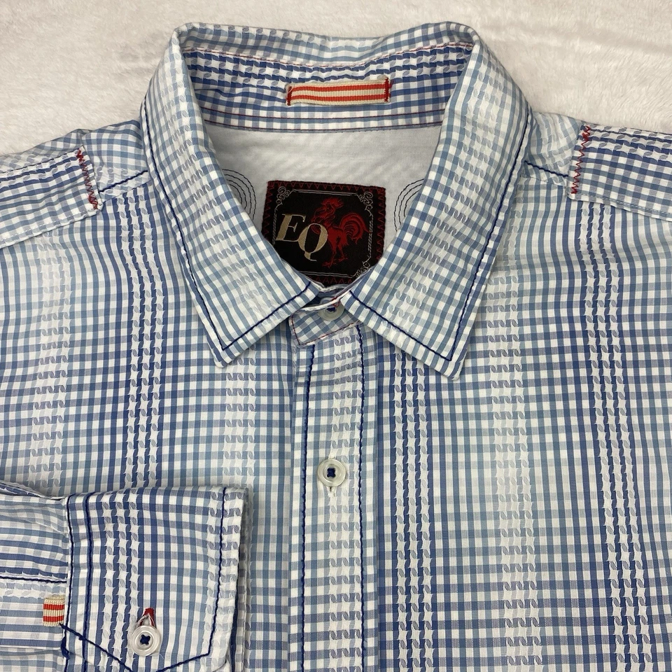 EQ ROOSTER Shirt Mens XL Blue/White Checks Embroidered Long Sleeves - Image 2 of 4