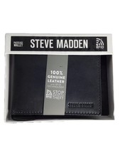 Steve Madden Men's Slim Leather Wallet Extra Capacity Attached Flip Pocket Black
