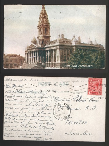 1919 Portsmouth to Freetown Sierra Leone on Town Hall Postcard