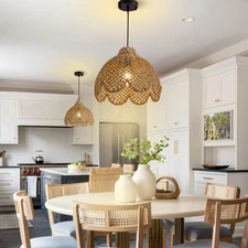 13.8inch Rattan Light, Rustic Hand Woven Wicker Pendant Light Brown Rattan Ce...