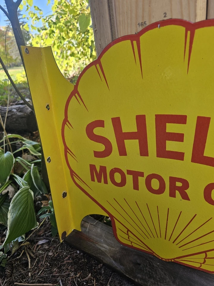 GRAN LETRERO DE BRIDA DE PORCELANA DE DOBLE CARA GASOLINA CONCHA AMARILLA VINTAGE 17"  Foto 2 de 4