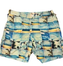PENGUIN By MUNSINGWEAR Blue PALM TREES/BEACH Lined SWIM TRUNKS Board Shorts 32