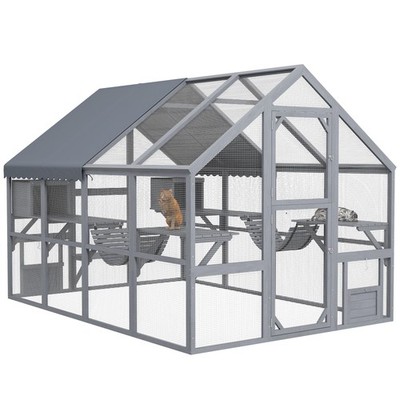 9.2'L Catio Outdoor Cat Enclosure House w/ Condos, Canopy, Gray