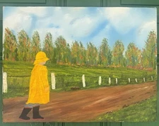 Original Acrylic Painting - Child In Raincoat Country Road - Folk Art Americana