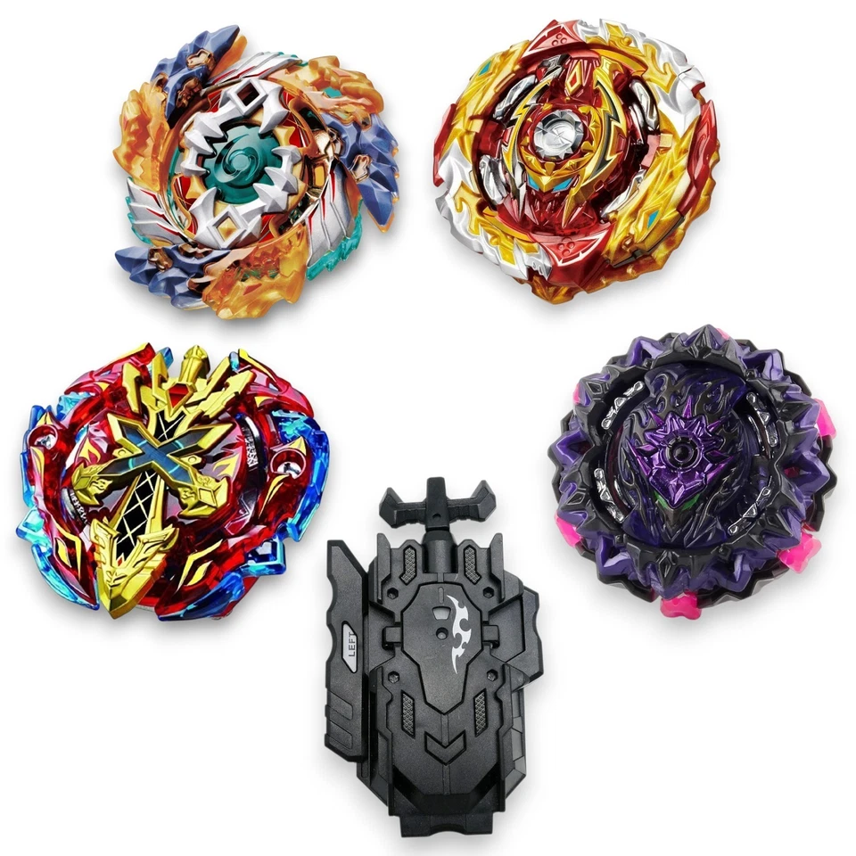 BEYBLADE 4x Burst Metal Tops Geist Fafnir Xeno-Xcalibur + Rope Launcher