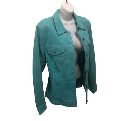 Denim & Company Aqua Leather Suede Jacket M Lined Pockets Full Button Up Spring