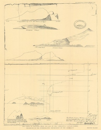 Bouvet Island sketches from Norris's 1825 Sprightly log. Admiralty/RGS 1928 map
