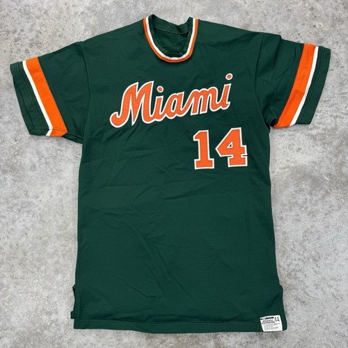 Vintage Miami Hurricanes Baseball jersey mens 44 green Powers 70s College RARE - Picture 2 of 6