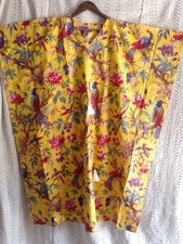 Women Indian Cotton Long Kaftan Dress Yellow Bird Printed Summer Long Dress Maxi