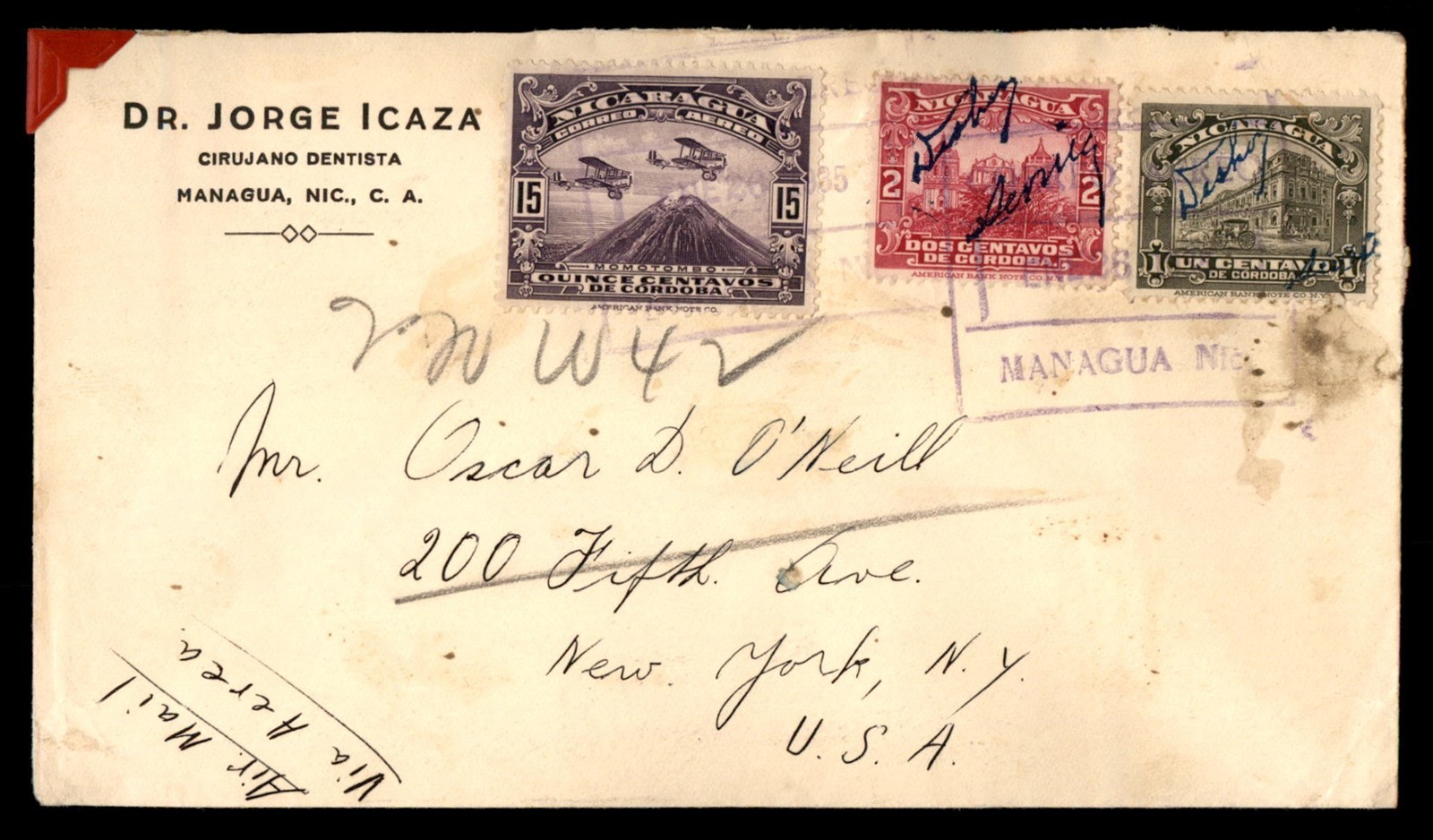 Mayfairstamps Nicaragua Dr Jorge Icaza Managua to NY NY Cover aax_26489