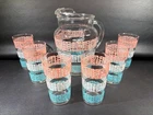 VINTAGE ANCHOR HOCKING "PASTEL BANDS" PITCHER AND 6 (SIX)  5 1/4" INCH GLASSES