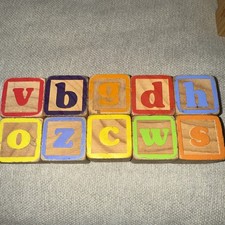Lot Of 10 Vintage Child Wooden ABC Blocks Letters Pictures Words Numbers 1 1/2  
