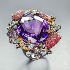 Handmade 50 ct+ Natural Amethyst Ring 925 Sterling Silver Size 8.5 /R457871