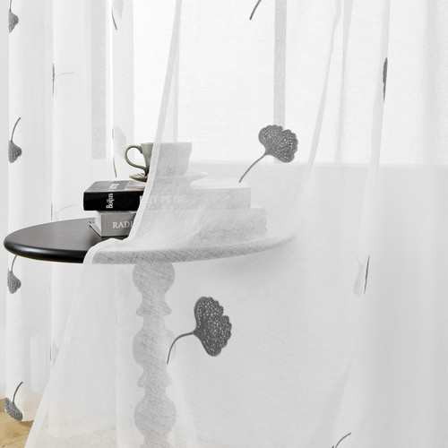 Grey Embroidered Leaf Sheer Curtains 84 Inches Long Floral Patterned Linen Lo... - Picture 6 of 8