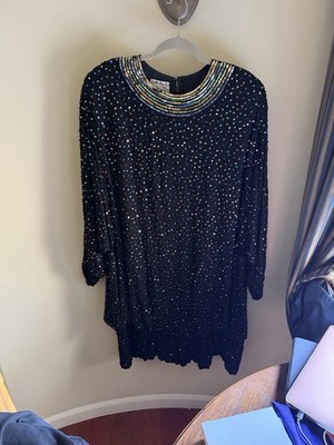 Judith Ann Plus Beaded Black Multicolor Silk Dress 2X Pure Silk Shell