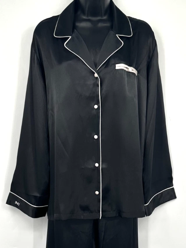 Jones New York Womens Long Sleeve Pajama Top Pant Set Size XL Black Satin - Image 3 of 4