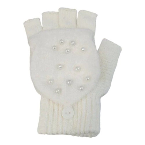 Sombrero de punto blanco con detalles de súper pompón y perlas de imitación conjunto de guantes de sombrero y dedos - Imagen 4 de 12