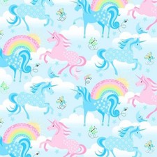 Pastel Unicorns Horses Rainbows Children's Sky Blue Cotton Fabric by the Yard
