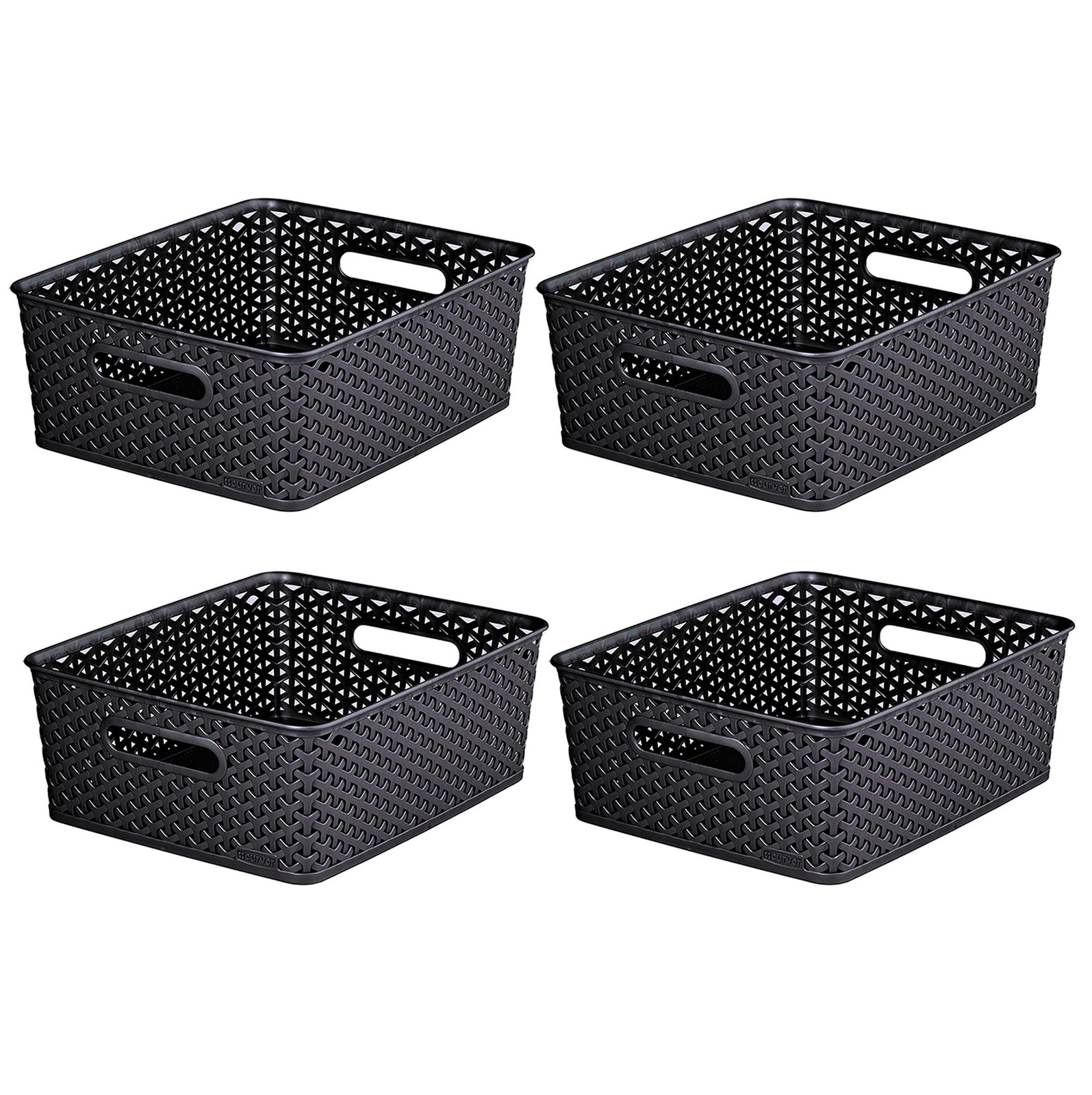 4 x Curver Plastic Storage Basket Dark Grey Rattan Effect Medium Rectangular Tub