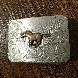 Vintage Nickel Silver Western Engraved Horse Scroll Rectangular Belt Buckle