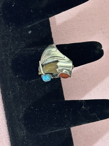 Vintage Indianer Sterlingsilber Türkis und Koralle Kralle Ring Größe 9,5 - Bild 4 von 8