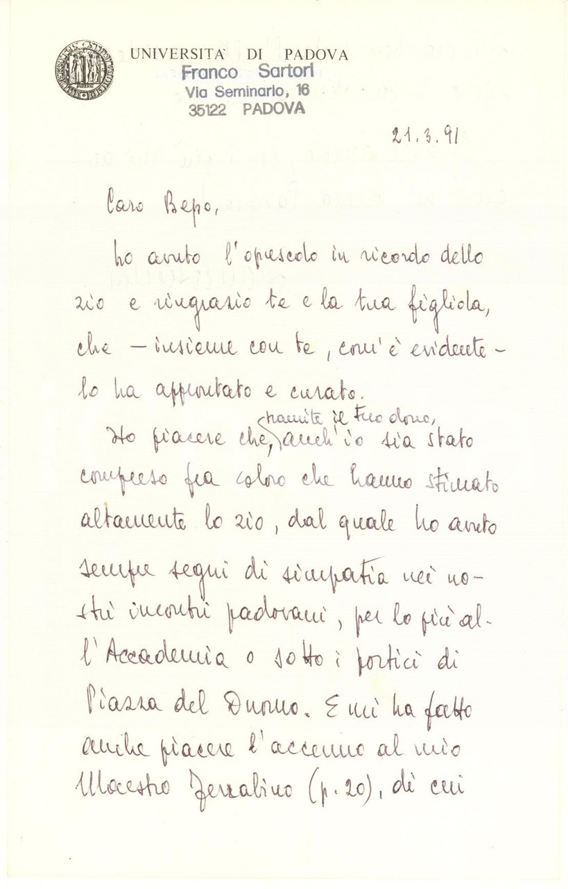 1991 Università di PADOVA - Lettera Franco SARTORI per ringraziamento *Autograf
