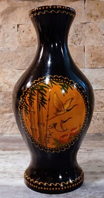 Vintage wood Lacquered vase with painted Cranes Signed Galkina O.
