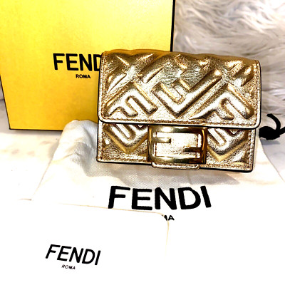 FENDI Logo Metallic Gold Leather Micro Trifold Baguette Wallet