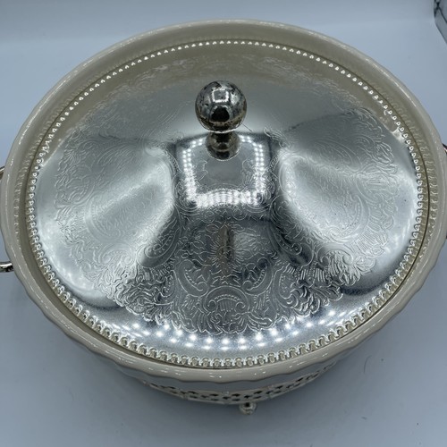Elfenbein Steinzeug Ofen zum Tisch Kasserolle Souffle Pfanne versilbert mit Deckel Vintage - Bild 3 von 12
