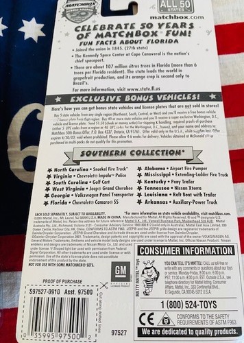 MATCHBOX ACROSS AMERICA 50th BIRTHDAY SERIES FLORIDA CHEVY CAMERO SS NIB - Picture 2 of 2